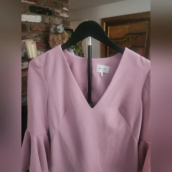 Milly Pink Mauve Bell Sleeve Shift Dress | Flounce Sleeve V-Neck Mini - Picture 5 of 13